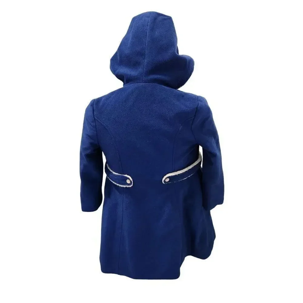 Ellerie Fashion Vintage 70s Blue Dress Coat Faux Fur Hood Girls M